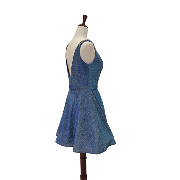 NWT Women's Short A Line Sparkle Gown with Deep V Neck and Jeweled Straps - Picture 6 of 7